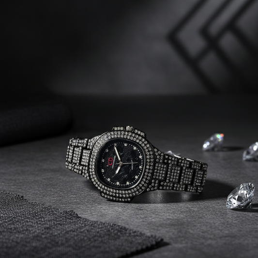 Two Toned Iced Out Quartz Movement Womens Watch without box(black watch)