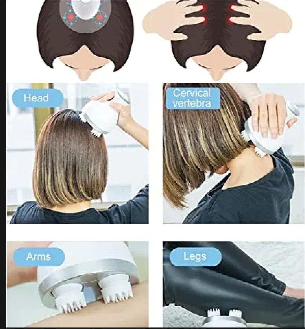 Electric Scalp Massager with 4 Tissue Kneading Nodes – Waterproof Handheld Head & Full Body Massager for Stress Relief