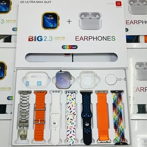 I20 Ultra Max suit Smart Watch 10 in 1 box 2.3inch large screen with 7 strips smartwatch With Airpords 2 (random color)