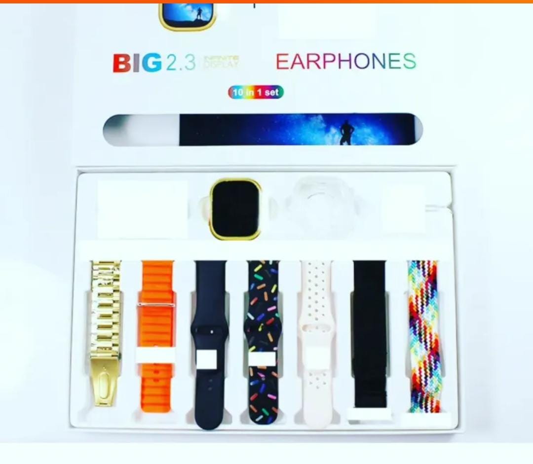 I20 Ultra Max suit Smart Watch 10 in 1 box 2.3inch large screen with 7 strips smartwatch With Airpords 2 (random color)